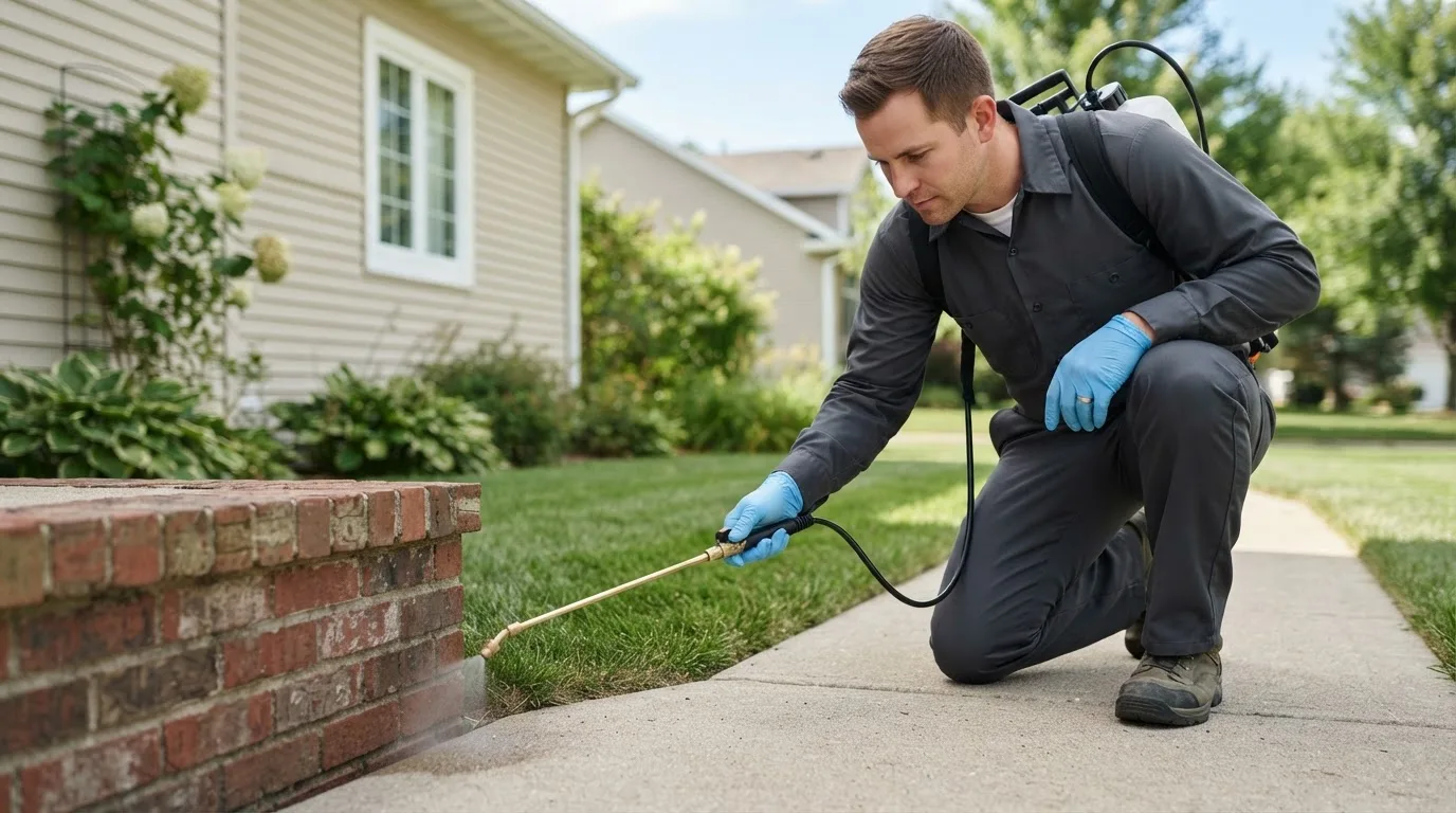 Pest control technician treating a home near Bloomingburg, OH