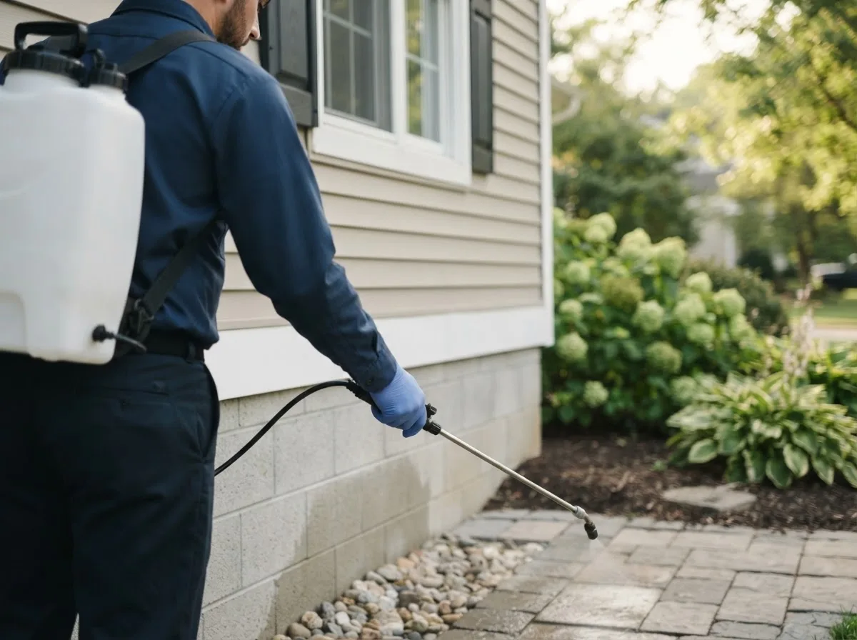 Pest control technician inspecting a home in Bloomingburg, OH